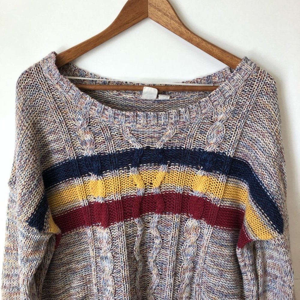 Roxy Blue Yellow Red Fisherman Cable Knit Sweater Size Small Striped - Picture 4 of 12
